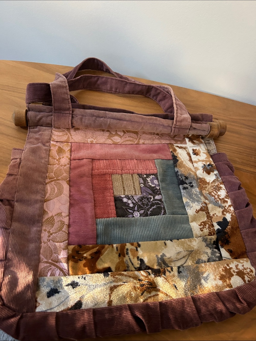 Patchwork Corduroy Tote Bag in Mauve and Earth Tones